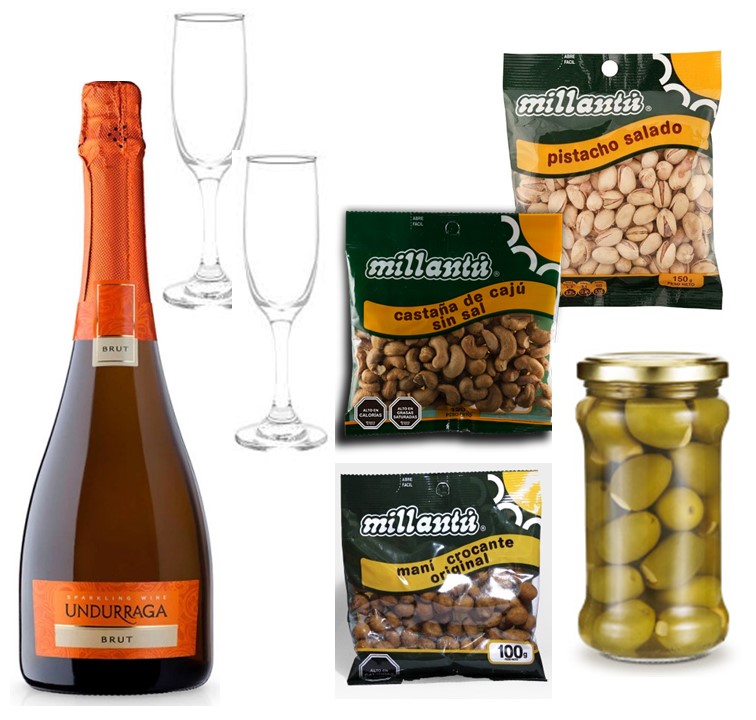 Champagne Espumante 750cc, 2 Copas, Mani, Pistacho, Castaas y Aceitunas